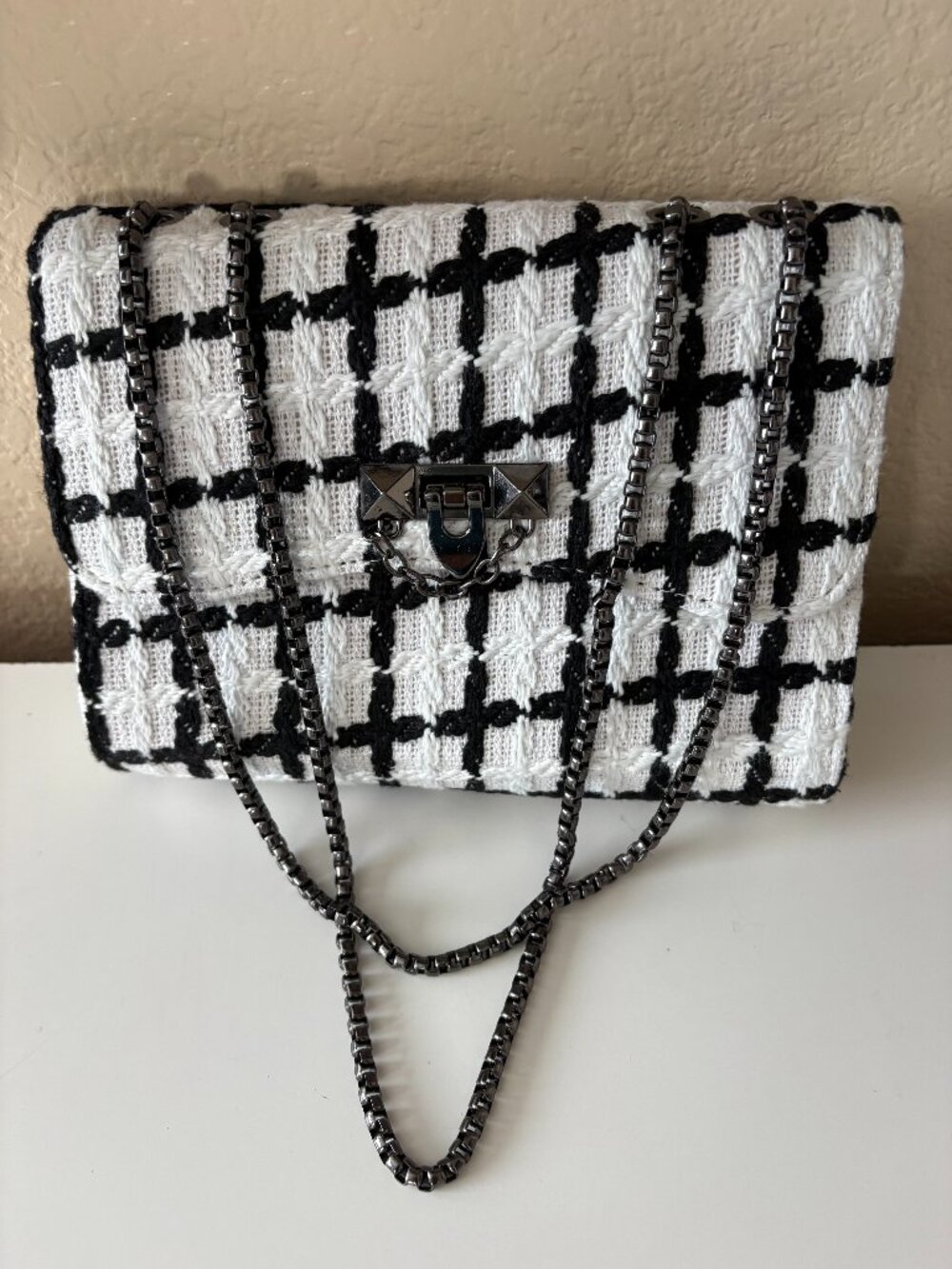 Tweed Chain Strap Crossbody Bag Black White Structured Handbag